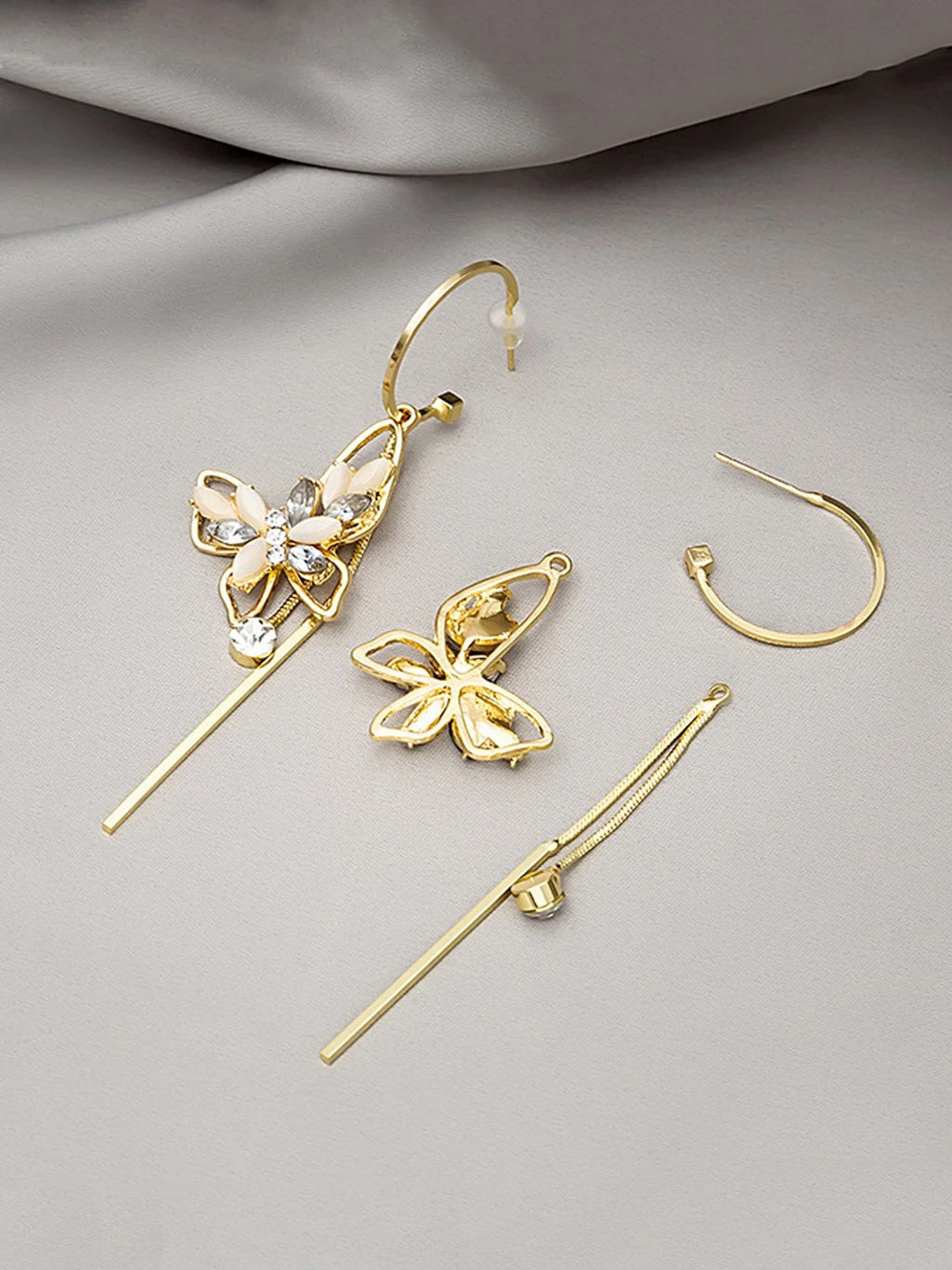 Gold floral crystal long drop earrings - AR-153