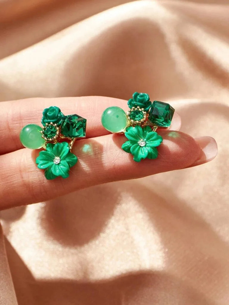 Turquoise Flower Crystal Stud Earrings - AR - 188 - 189 - 190 - 191