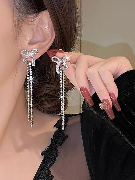 Korean Bow Chain Drop Earrings - AR-90