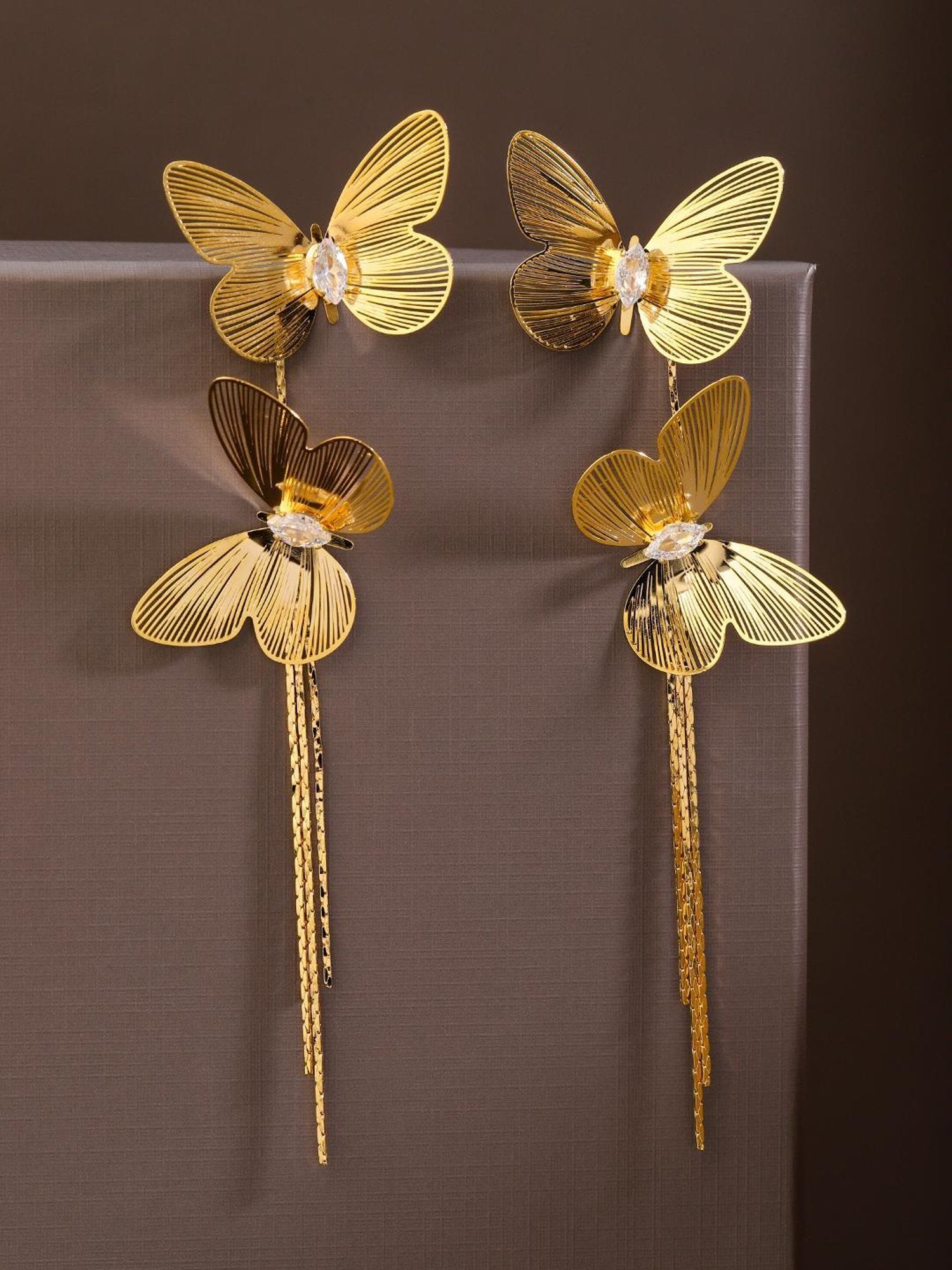 Gold butterfly tassel statement earrings - AR-156