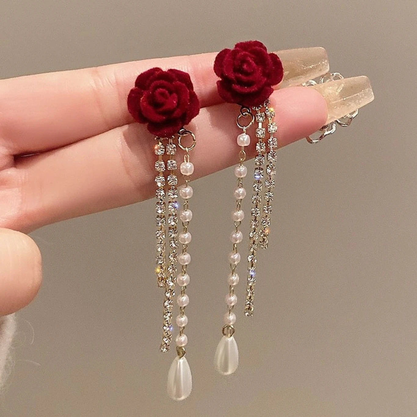 Elegant Red Rose Pearl Tassel Drop Earrings - AR - 170