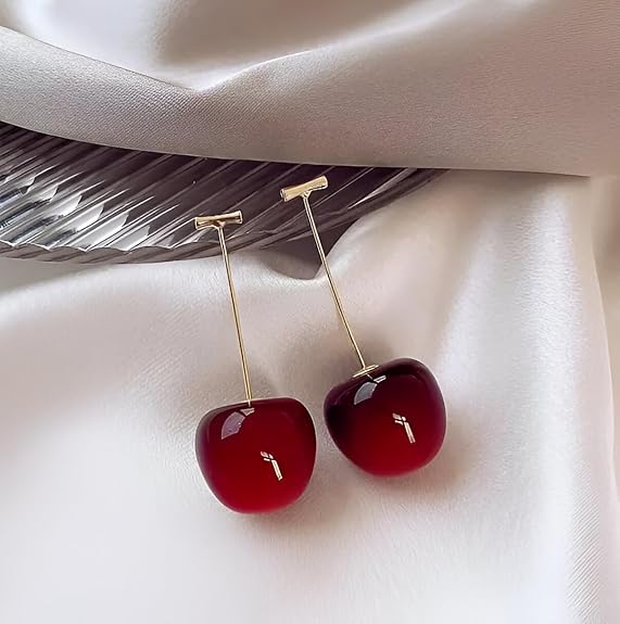 Korean Style Red Maroon Shaded Cherry Drop Earrings - AR-08