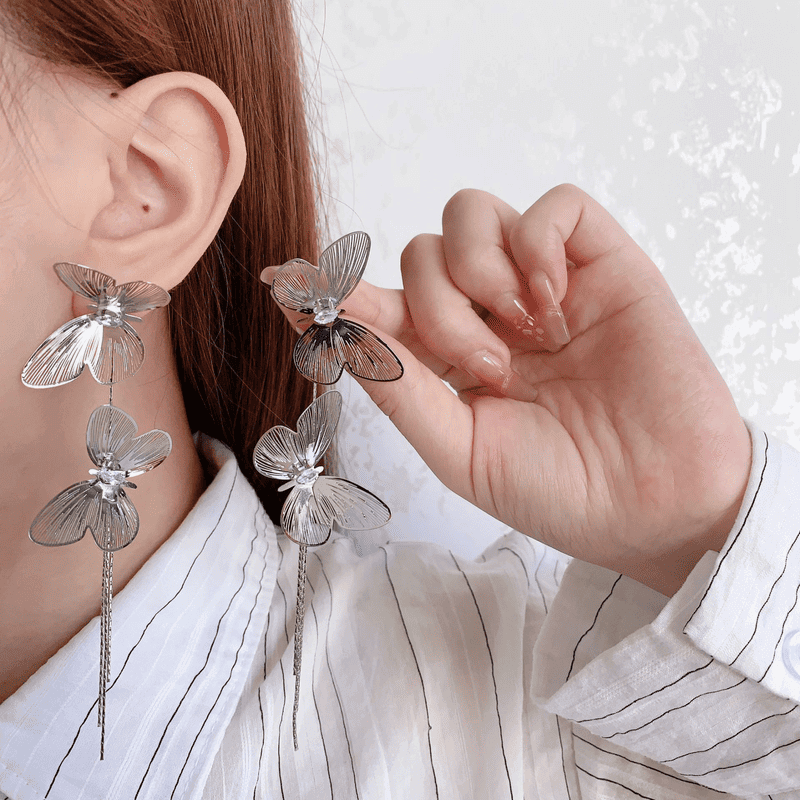 Silver butterfly tassel statement earrings - AR-163