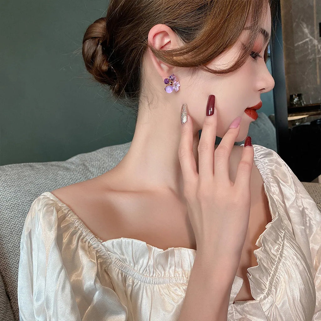 Purple Crystal Flower Stud Earrings For Woman - AR-07