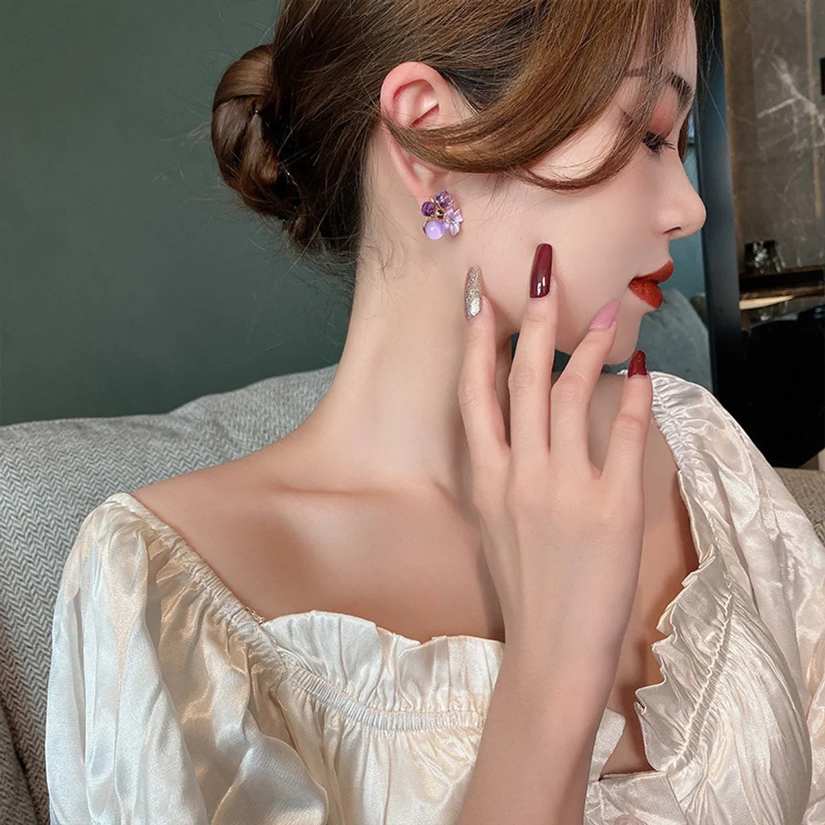 Purple Crystal Flower Stud Earrings For Woman - AR-07