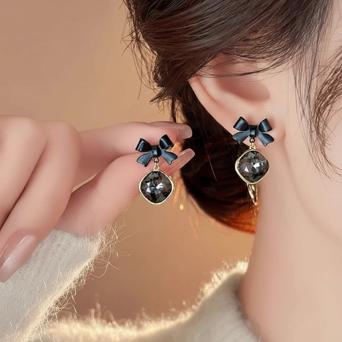 Midnight Bow Elegance Drop Earrings - AR-19