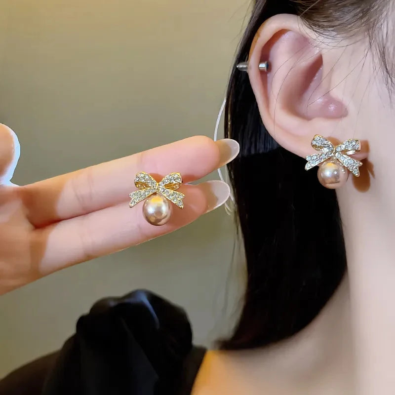 Crystal bow pearl earrings - AR-155