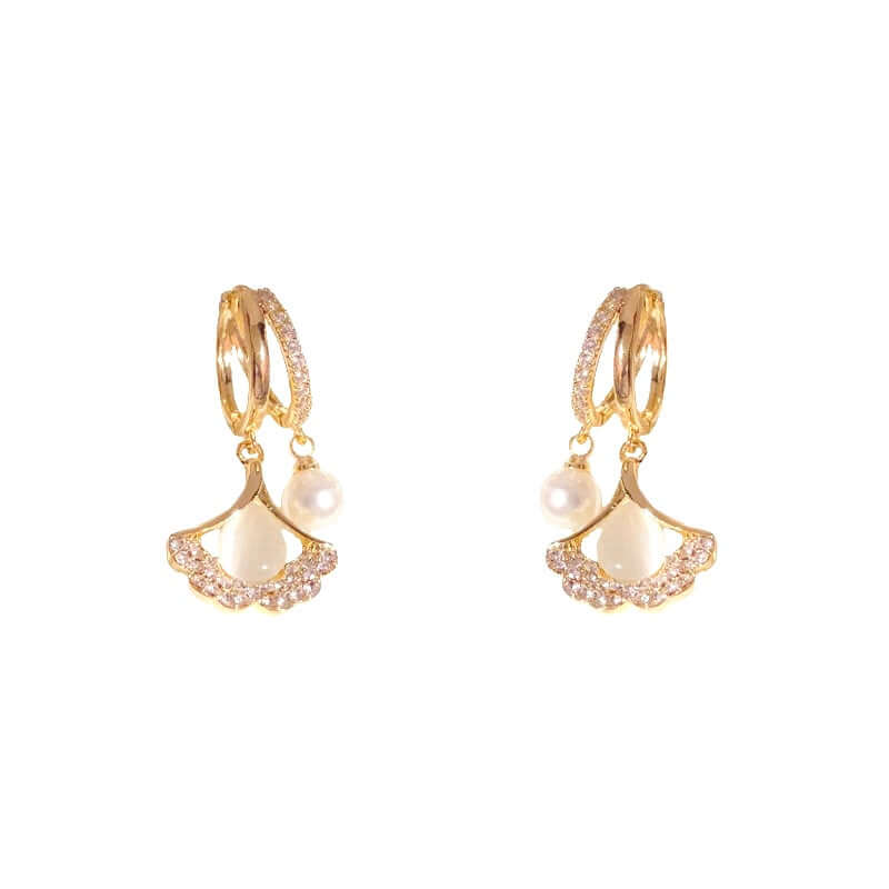 Gold Crystal Flower Pearl Drop Hoop Earrings - AR - 175