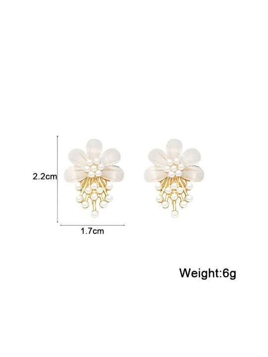 White Flower Pearl Drop Stud Earrings - AR - 180