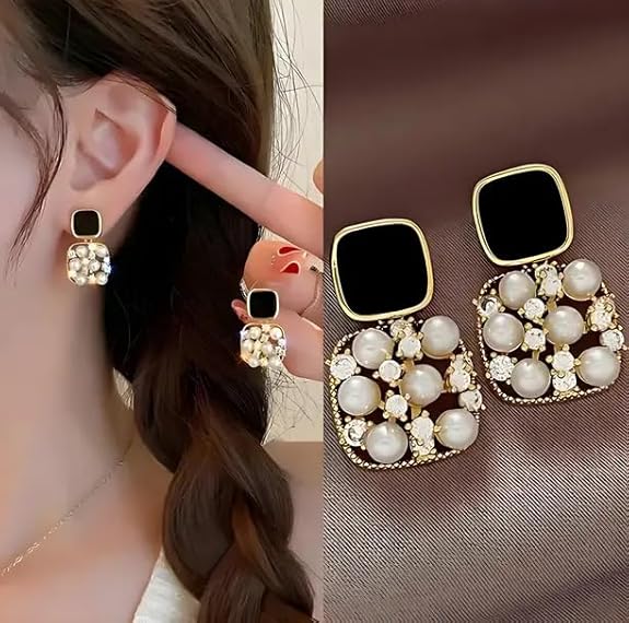 Gold-Plated Black Enamel and Pearl Cluster Earrings - AR-118