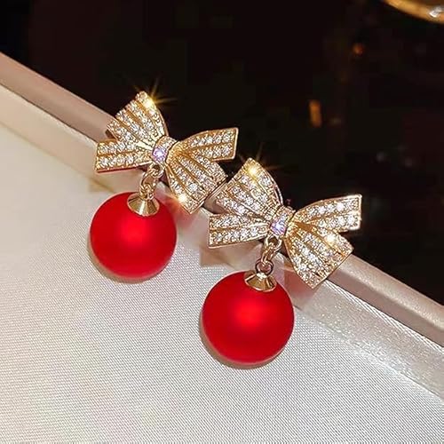 Red Pearl Crystal Bow Drop Earrings - AR - 174