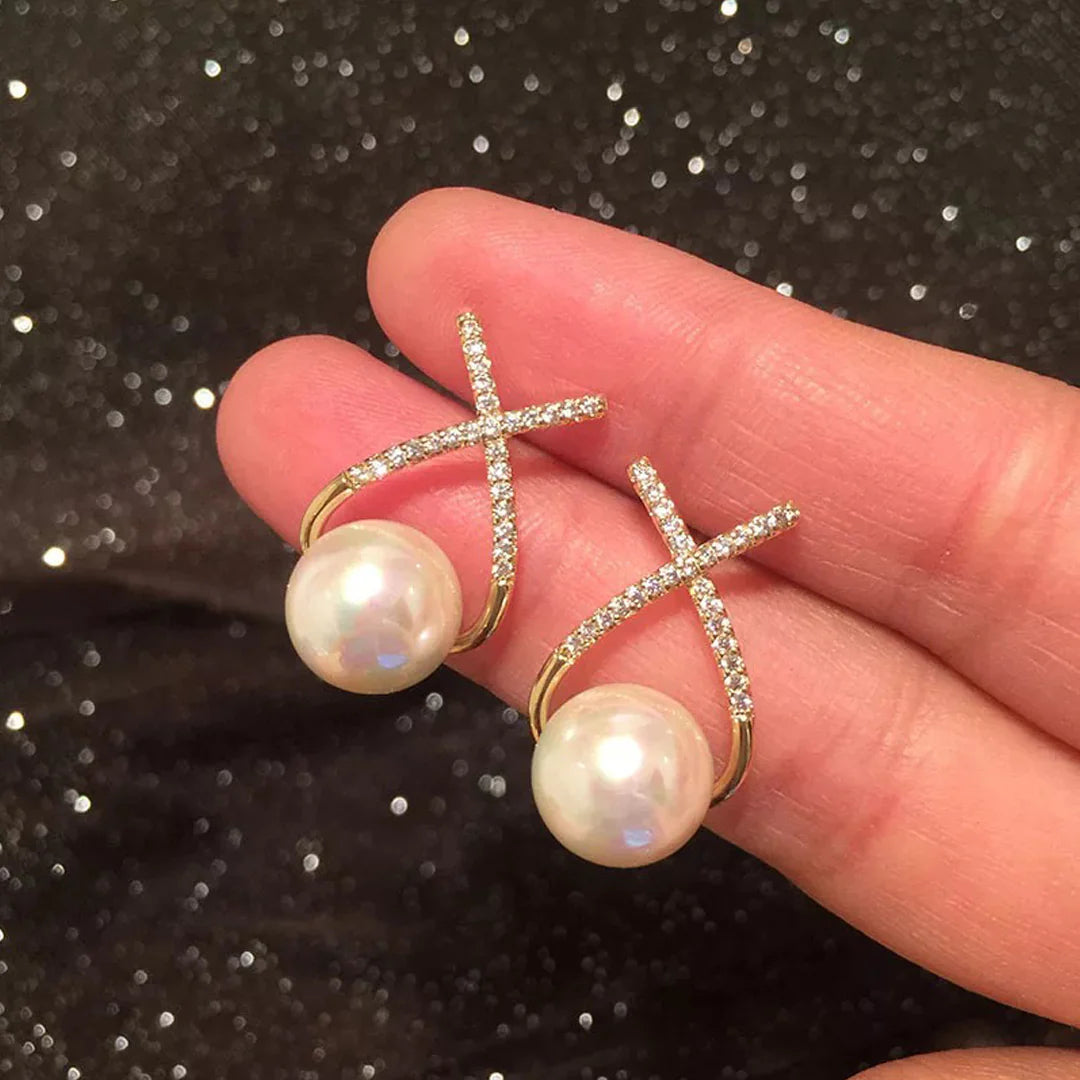 Korean Diamond Cross Pearl Earrings - AR-110