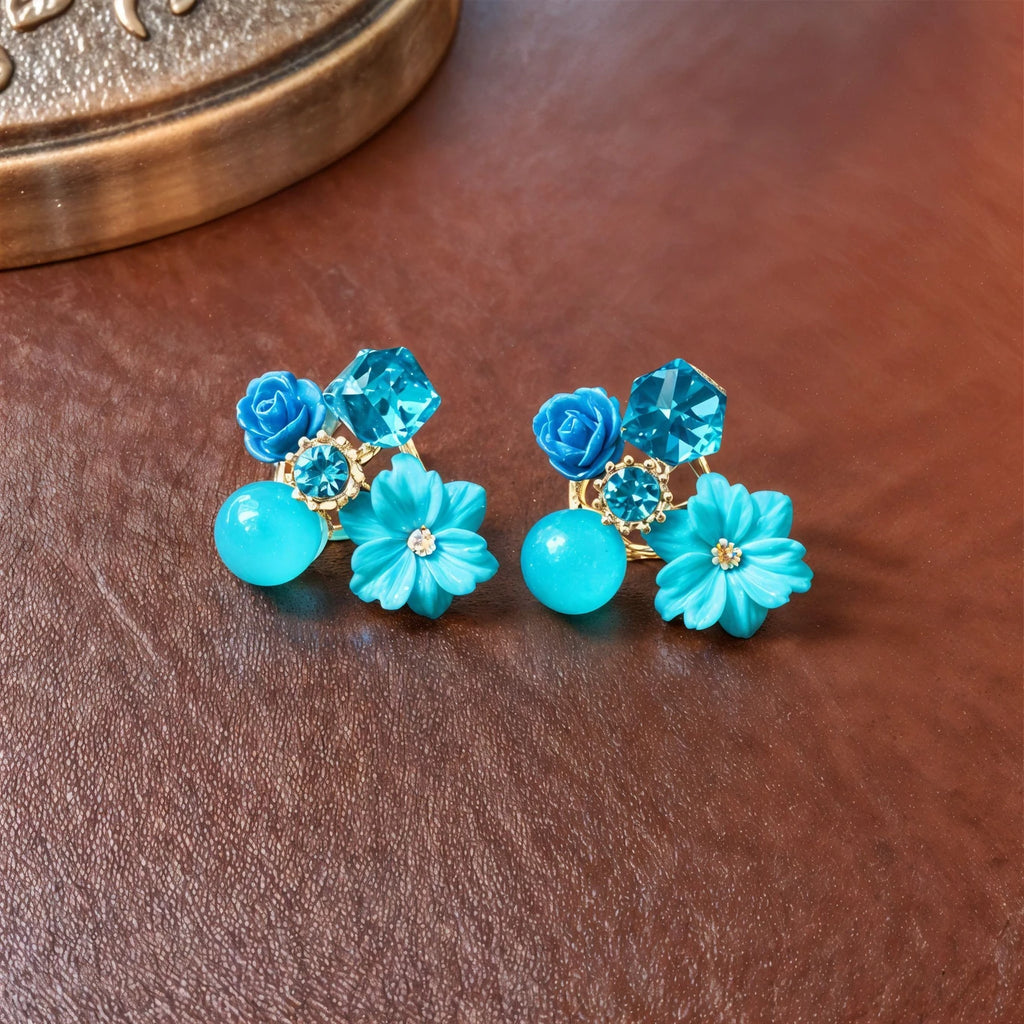 Turquoise Flower Crystal Stud Earrings - AR - 188 - 189 - 190 - 191