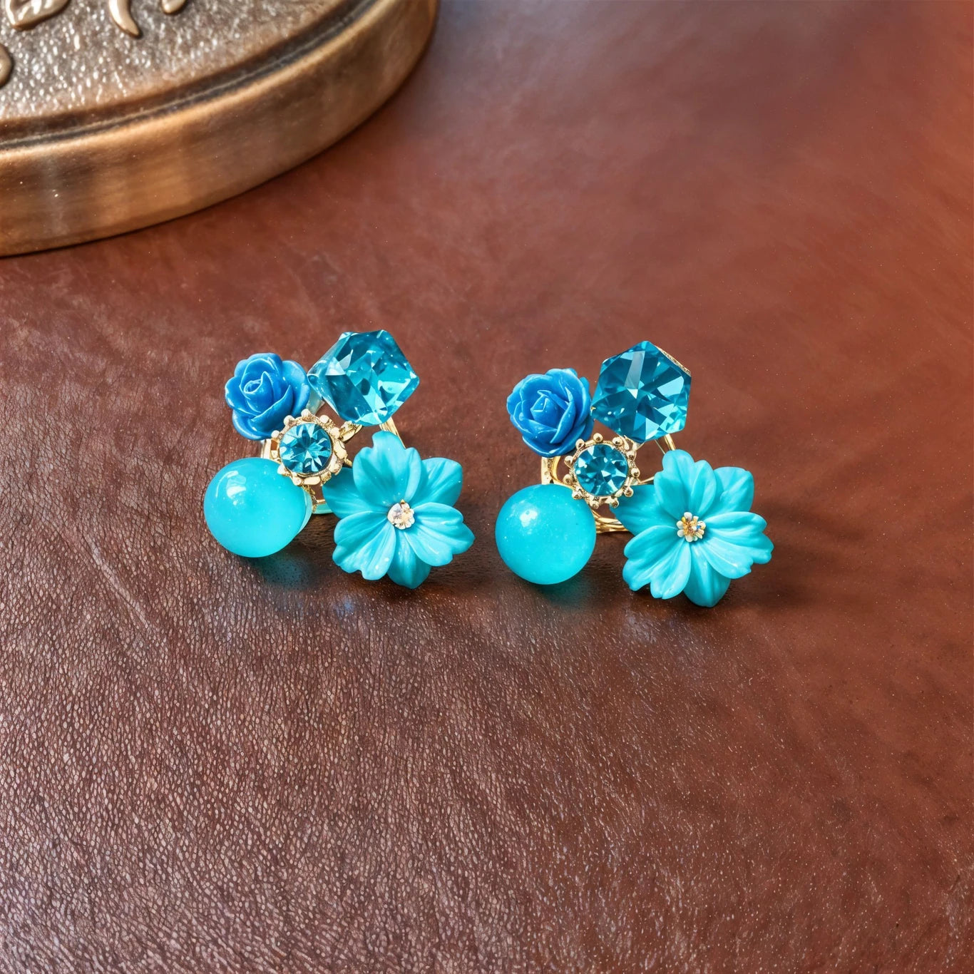 Turquoise Flower Crystal Stud Earrings - AR - 188 - 189 - 190 - 191