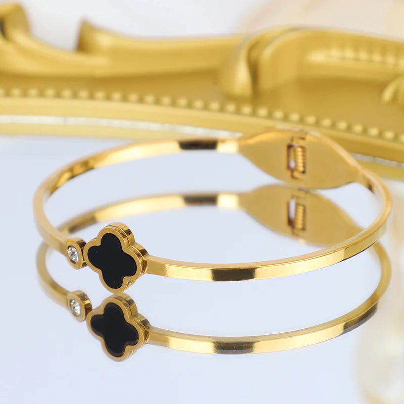 Four-Leaf Clover Crystal Gold-Plated Cuff Bracelet - BR-01