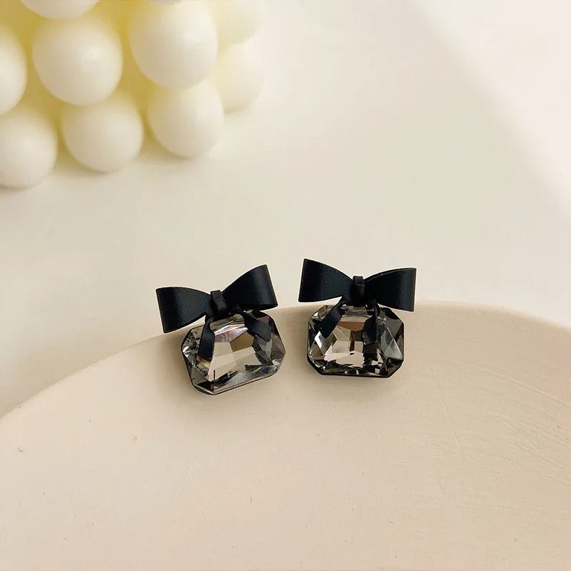 Korean Black Ribbon Bow Earrings - AR-96