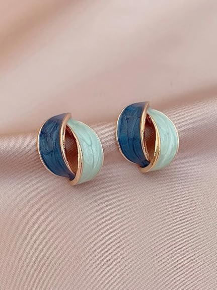 Dual Tone Blue Enamel Hoop Earrings - AR - 187