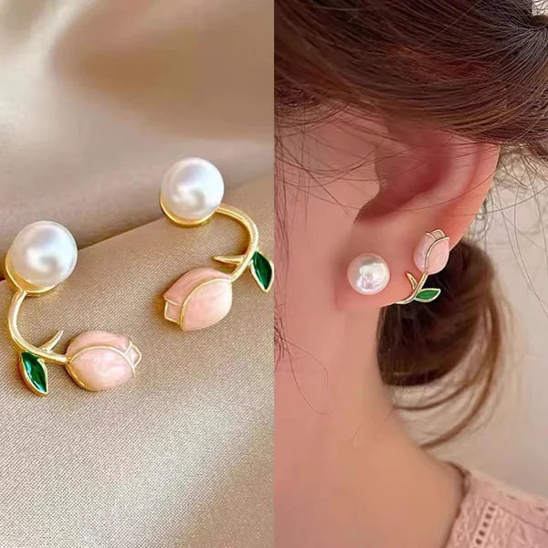 Luxury Pink Tulip Flower Pearl Stud Earrings - AR-09