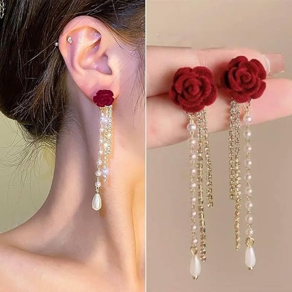 Elegant Red Rose Pearl Tassel Drop Earrings - AR - 170