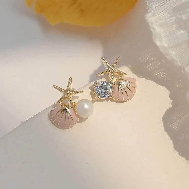 Starfish Pearl Seashell Ocean Drop Earrings - AR - 194