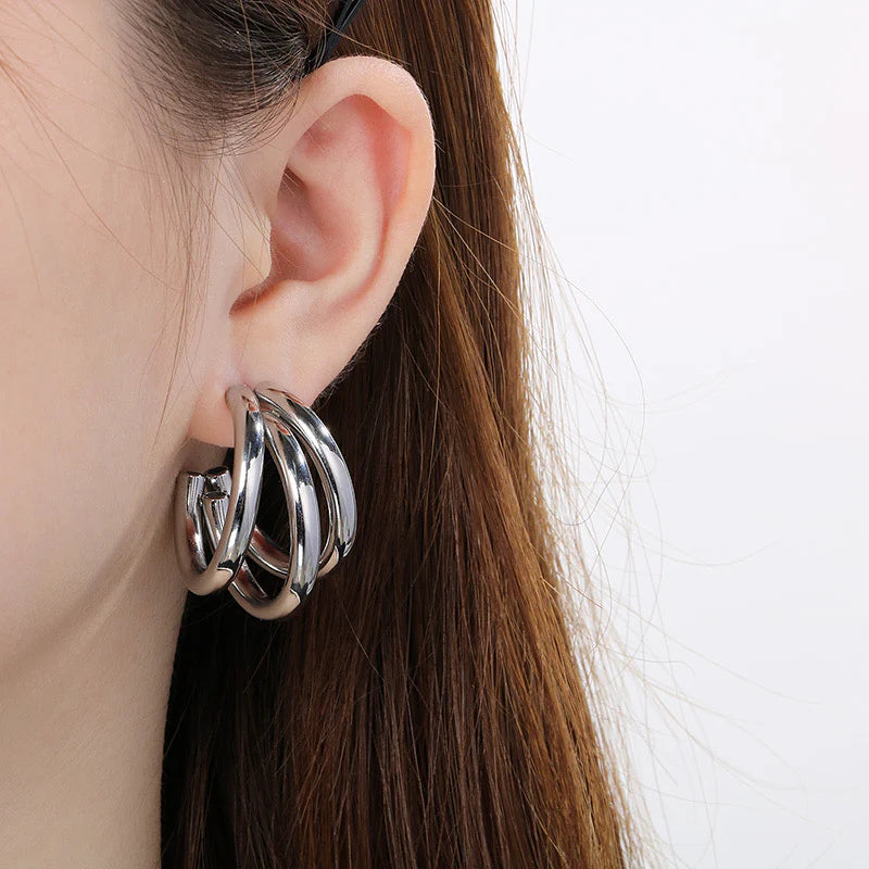Silver Triple Hoop Earrings - AR-13