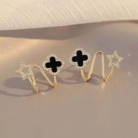 Black Luxury Clover & Star Gold-Tone Ear Cuff Earrings - AR-92