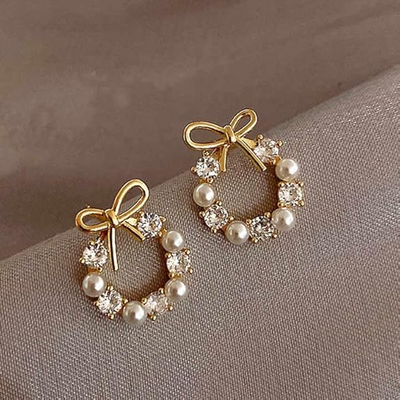Bow pearl wreath earrings - AR-158