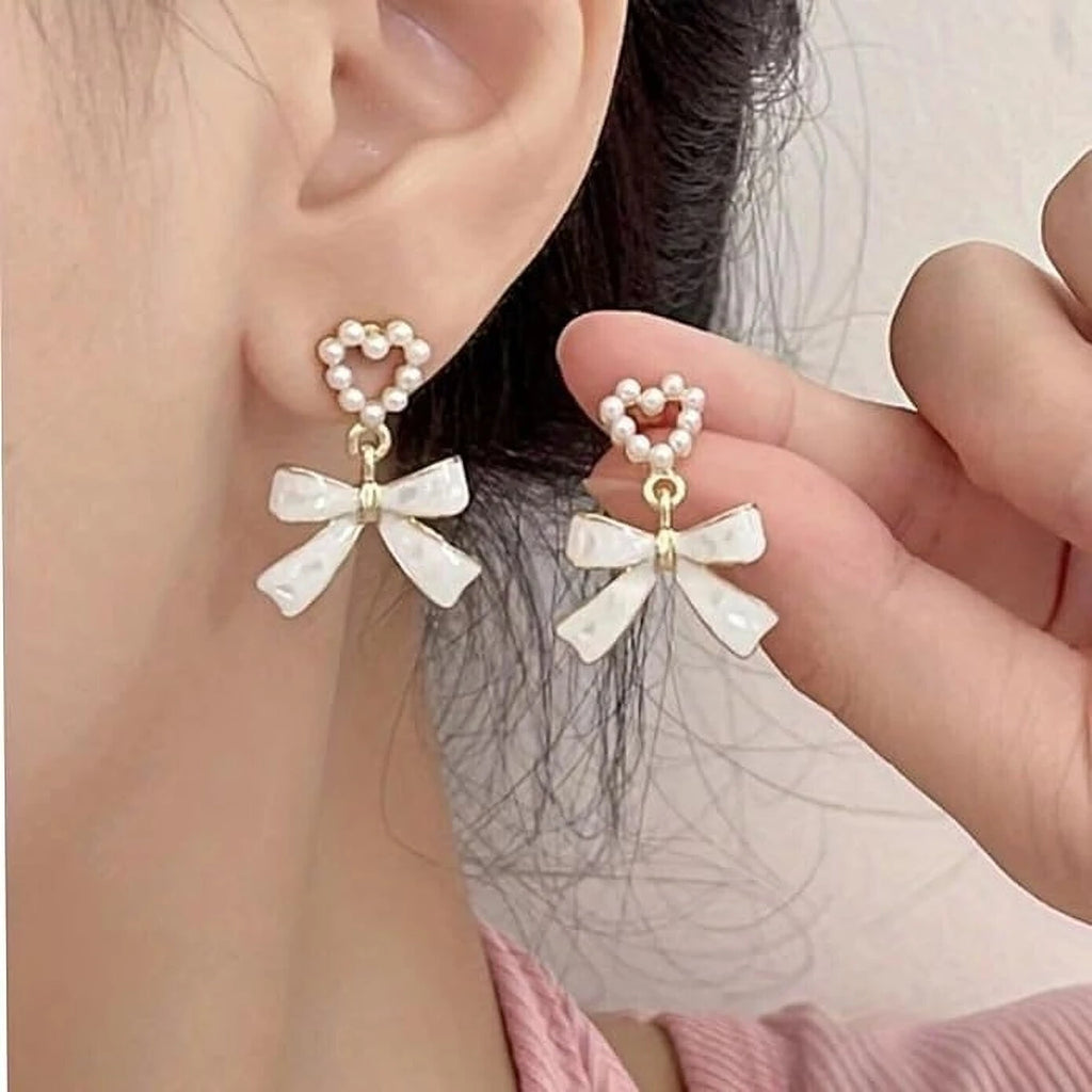 Pearl Heart Bow Drop Earrings - AR - 181
