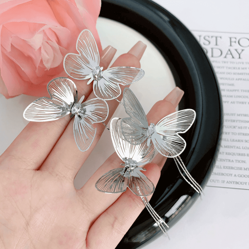 Silver butterfly tassel statement earrings - AR-163