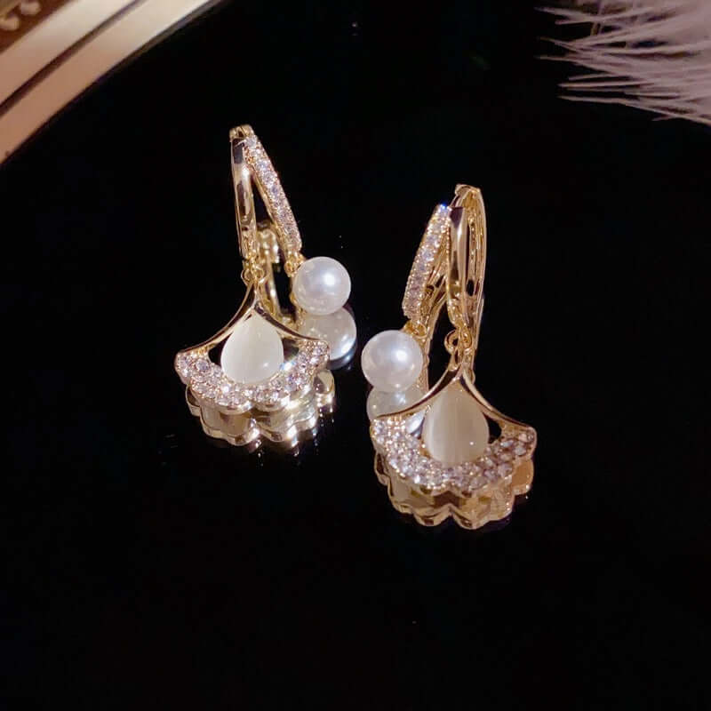 Gold Crystal Flower Pearl Drop Hoop Earrings - AR - 175