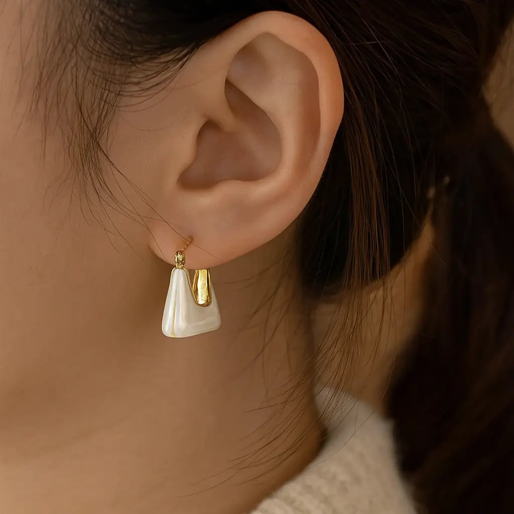 Purse/Bag Shaped White Enamel Handbag Dangle Earrings - AR-98