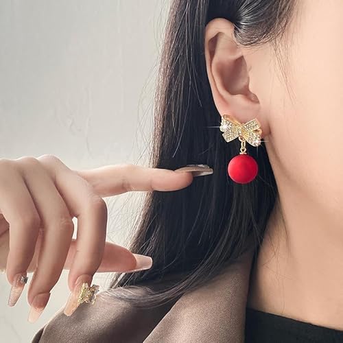 Red Pearl Crystal Bow Drop Earrings - AR - 174