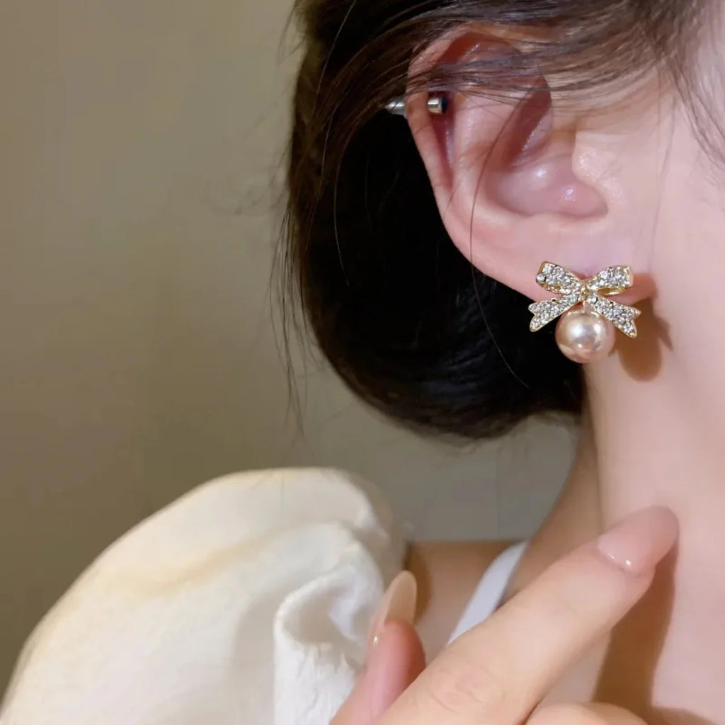 Crystal bow pearl earrings - AR-155