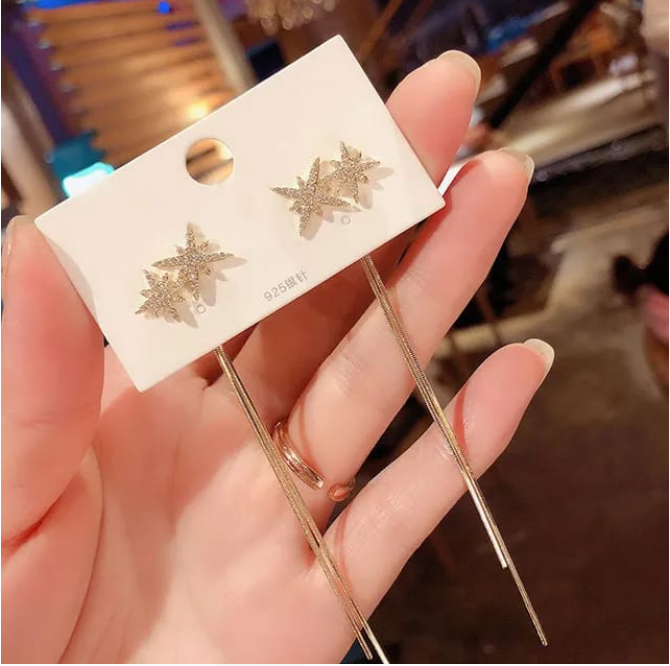 Crystal Star Tassel Drop Earrings - AR - 178