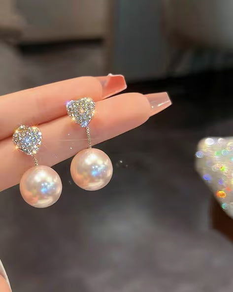 Crystal Heart Pearl Drop Earrings - AR-137