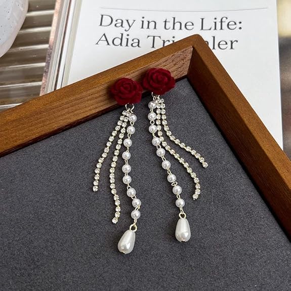 Elegant Red Rose Pearl Tassel Drop Earrings - AR - 170