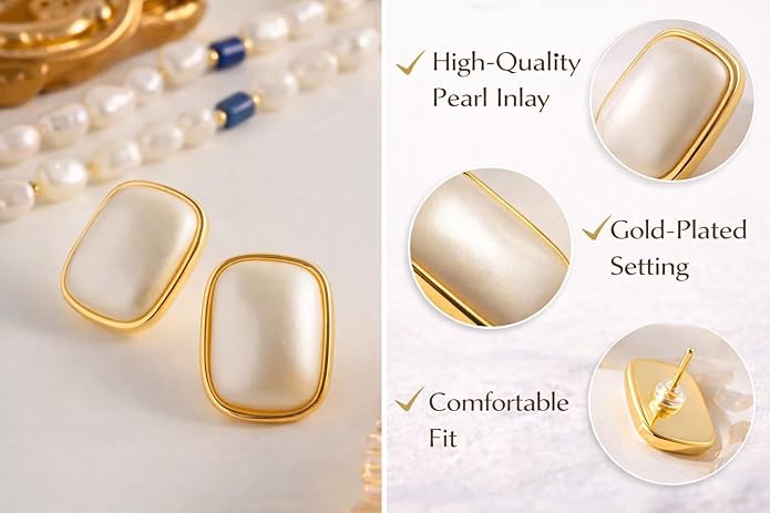 Gold Frame Oval Pearl Stud Earrings - AR - 179