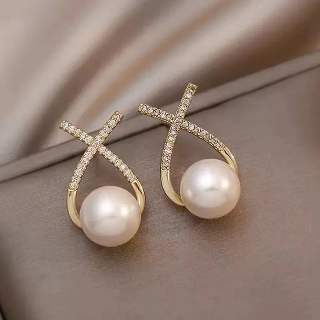 Korean Diamond Cross Pearl Earrings - AR-110