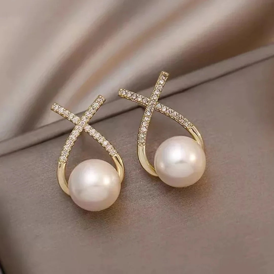 Korean Diamond Cross Pearl Earrings - AR-110