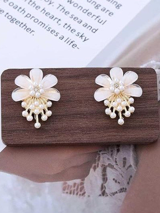 White Flower Pearl Drop Stud Earrings - AR - 180