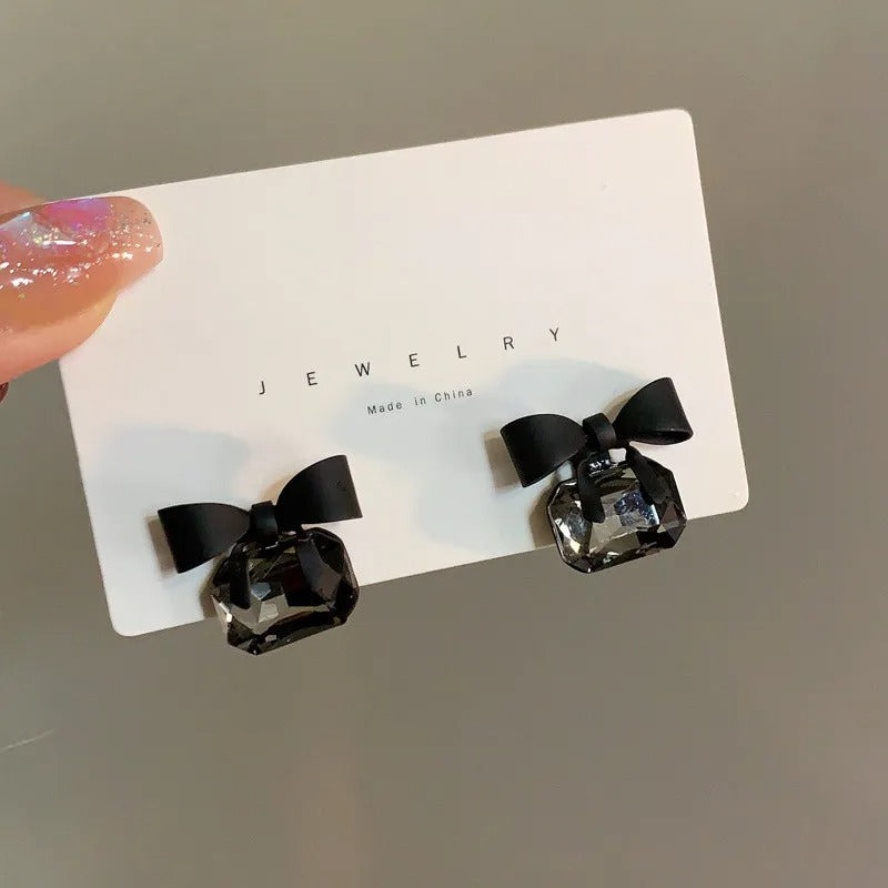 Korean Black Ribbon Bow Earrings - AR-96