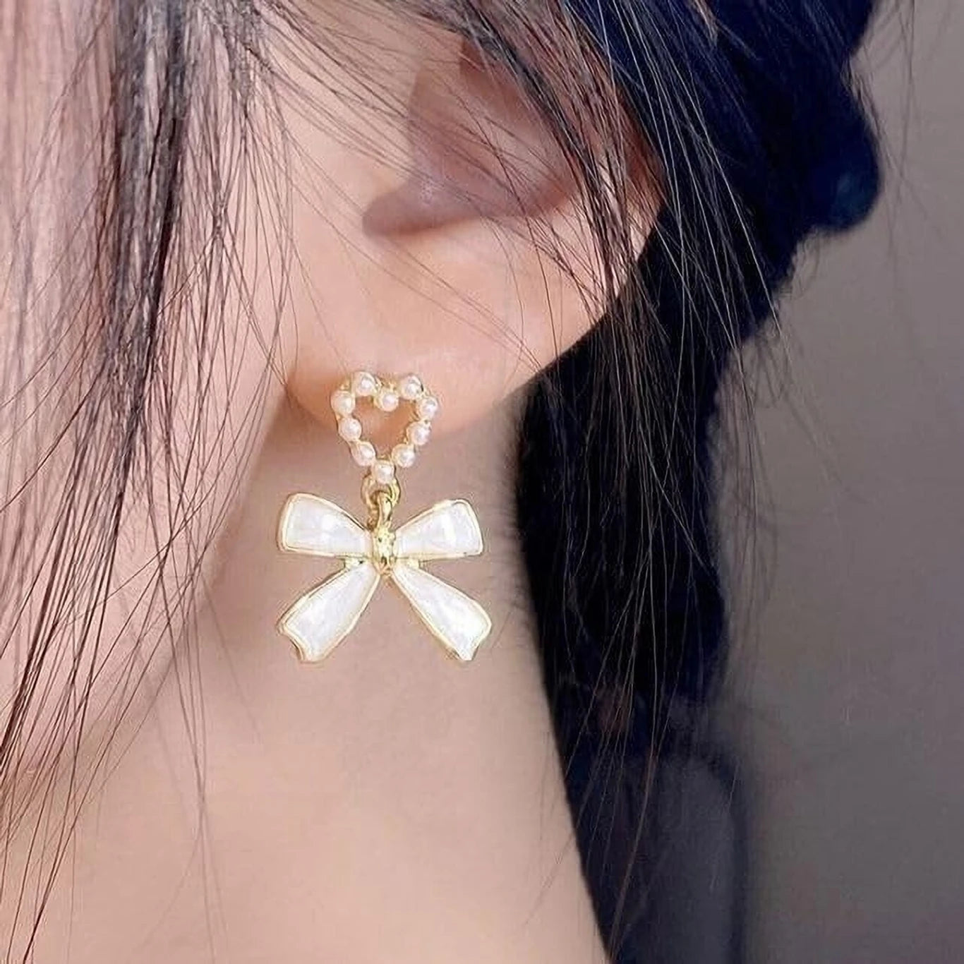 Pearl Heart Bow Drop Earrings - AR - 181