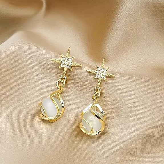 Crystal Star Pearl Drop Earrings - AR - 199