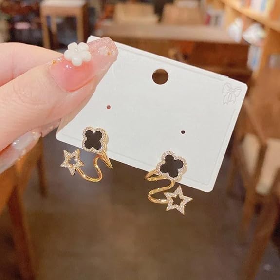 Black Luxury Clover & Star Gold-Tone Ear Cuff Earrings - AR-92