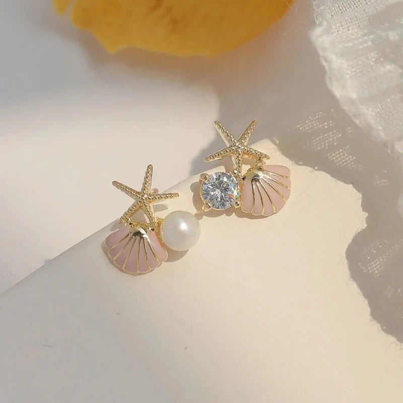 Starfish Pearl Seashell Ocean Drop Earrings - AR - 194