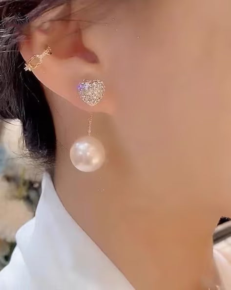 Crystal Heart Pearl Drop Earrings - AR-137