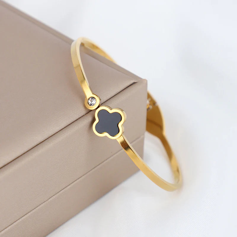 Four-Leaf Clover Crystal Gold-Plated Cuff Bracelet - BR-01
