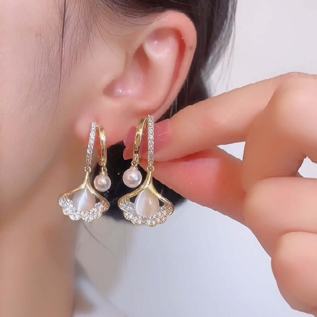 Gold Crystal Flower Pearl Drop Hoop Earrings - AR - 175