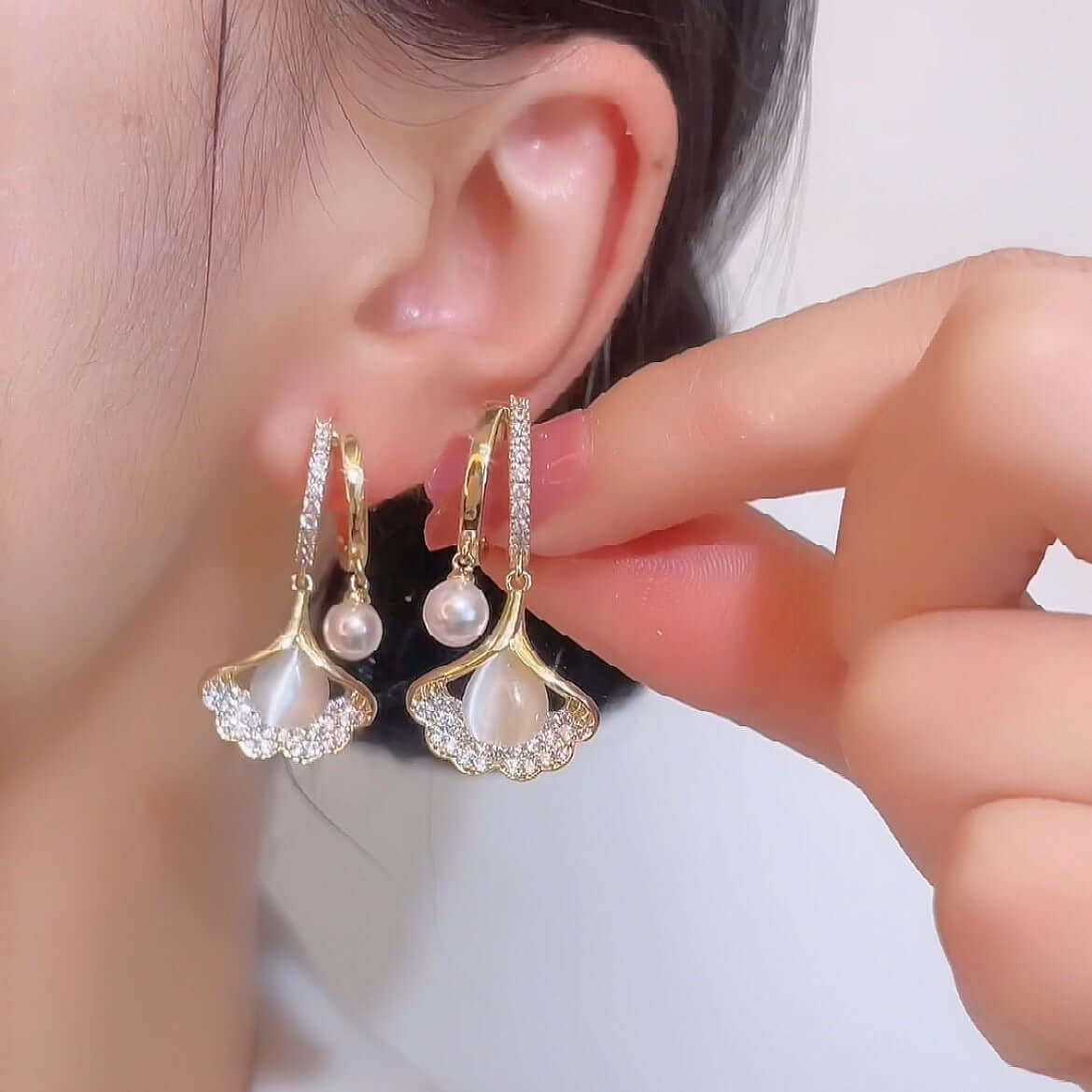 Gold Crystal Flower Pearl Drop Hoop Earrings - AR - 175