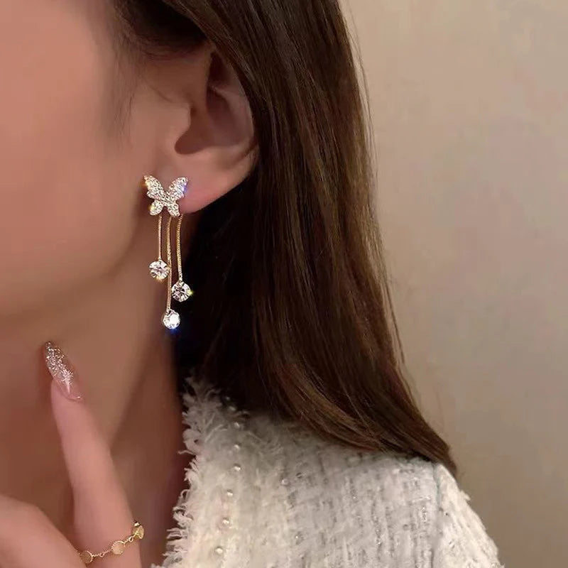 Korean Style Zircon Butterfly Dangles Earrings - AR-120